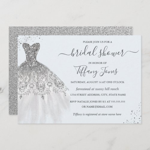Silver Glitter Wedding Dress Blue Bridal Shower Invitation