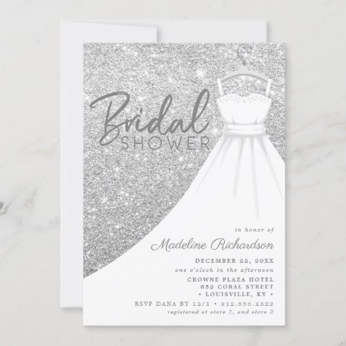 Silver Glitter Wedding Dress Chic Bridal Shower Invitation