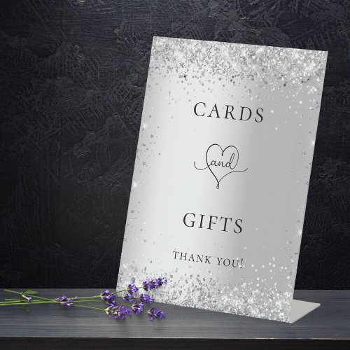 Silver glitter wedding guest card gifts pedestal sign