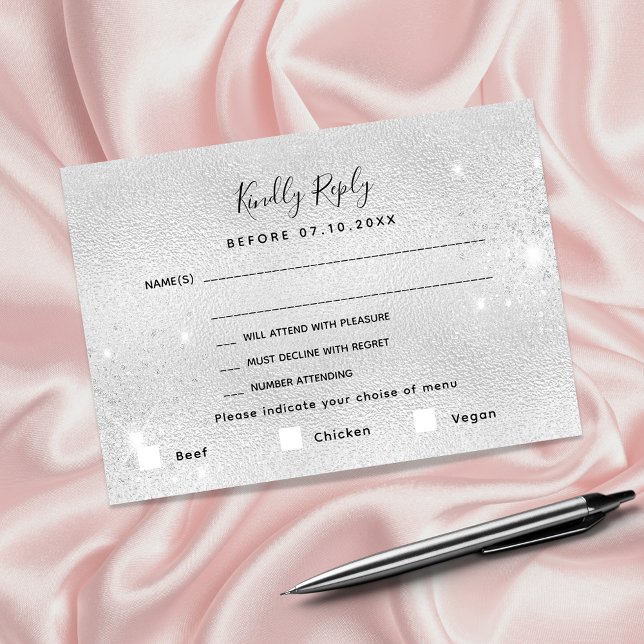 Silver glitter wedding meals RSVP Note Card (Creator Uploaded)