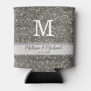 Silver Glitter Wedding Monogram Can Cooler