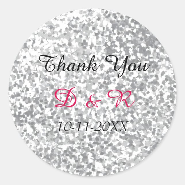 Silver Glitter Wedding Personalized Classic Round Sticker (Front)