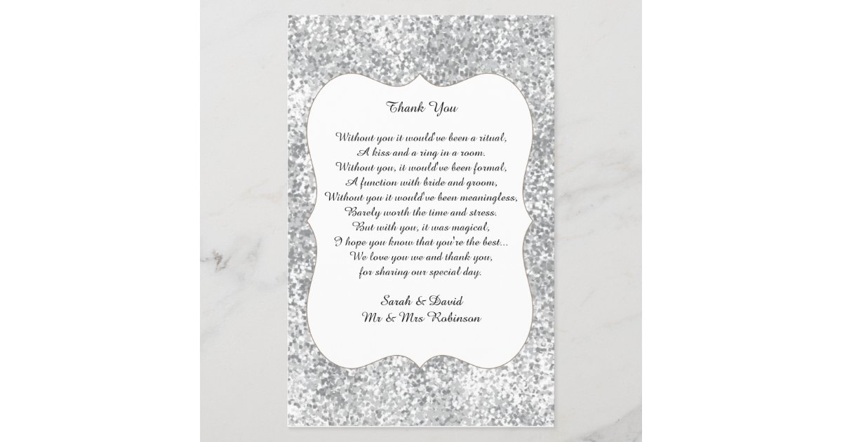 Silver Glitter Wedding Poem Thank You Favor Scroll Zazzle Com