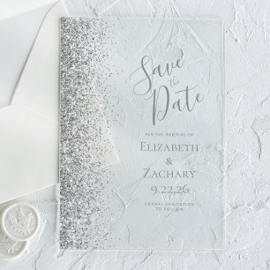 Silver Glitter Wedding Save the Date Acrylic Invitations