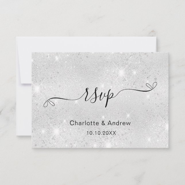 Silver glitter wedding website RSVP QR code Card (Front)