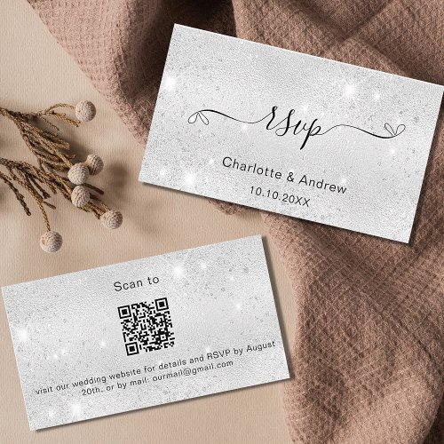Silver glitter wedding website RSVP QR code Enclosure Card