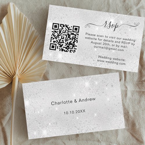 Silver glitter wedding website RSVP QR code Enclosure Card