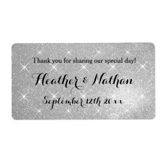 Silver glitter wedding wine or water bottle labels
