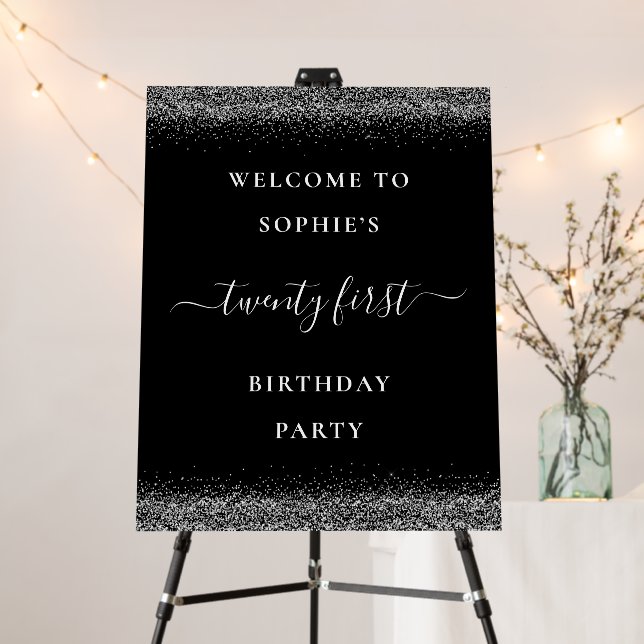 Silver Glitter Welcome 21st Birthday Party Black Foam Board (In Situ (Stand))