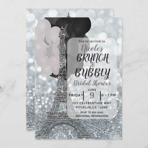 Silver Glitter White Black Balloons Eiffel Tower Invitation