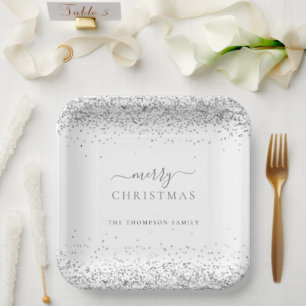 Silver Glitter White Name Merry Christmas Paper Plates