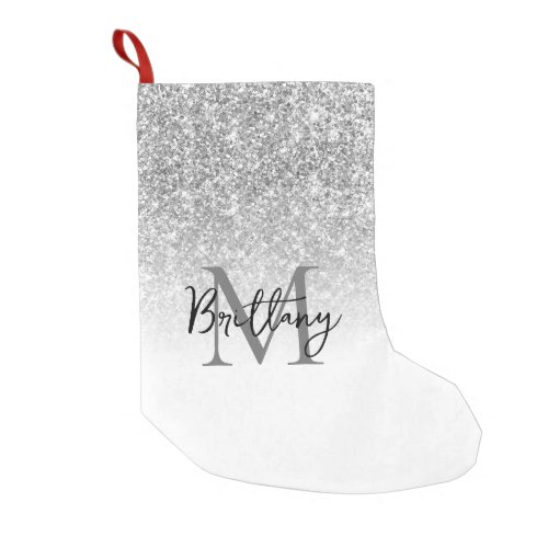 Silver Glitter White Ombre Monogrammed Small Christmas Stocking