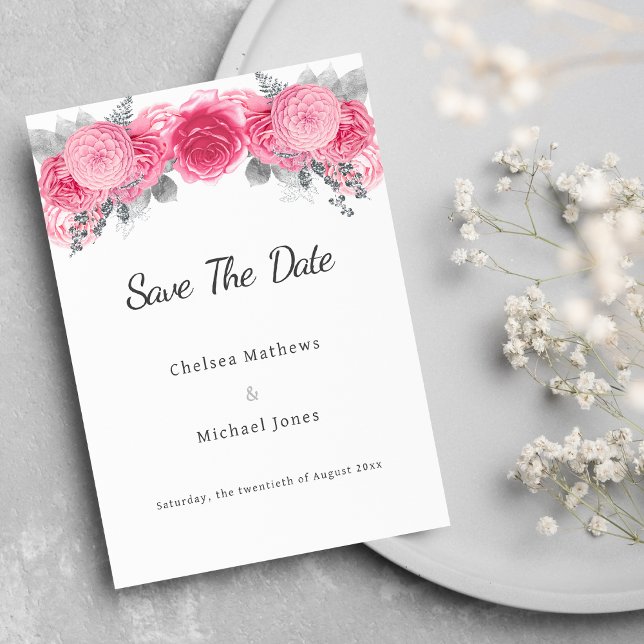 Silver glitter white pink flora Save The Date  (Glam silver glitter white pink flora Save The Date)