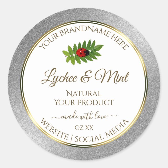 Silver Glitter White Product Labels Ladybug Leaf (Front)