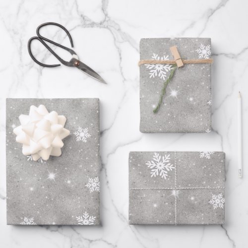 Silver Glitter White Stars and Snowflakes Pattern Wrapping Paper Sheets