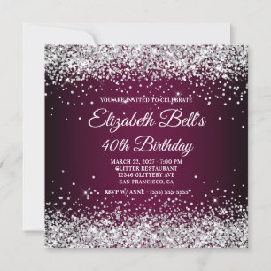 Silver Glitter Wine Dark Ombre 40th Birthday Invitation