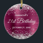 Silver Glitter Wine Foil 21st Birthday Ceramic Ornament<br><div class="desc">Create your own 21st birthday circle ornament for your daughter. Customize the block text and/or calligraphy font style. Change the text for any special or milestone birthday. The digital art background features a faux silver glitter and wine ombre foil. On the backside, you can add a family photo if you'd...</div>