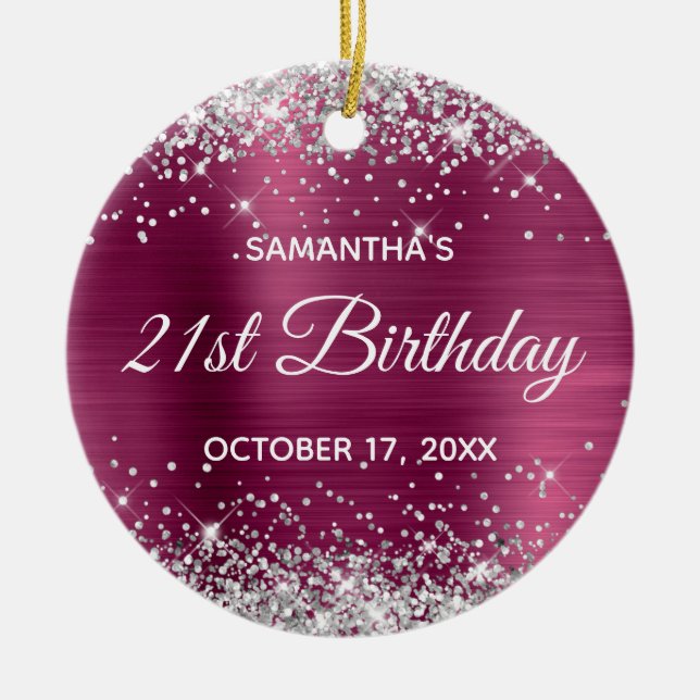 Silver Glitter Wine Foil 21st Birthday Ceramic Ornament (Front)