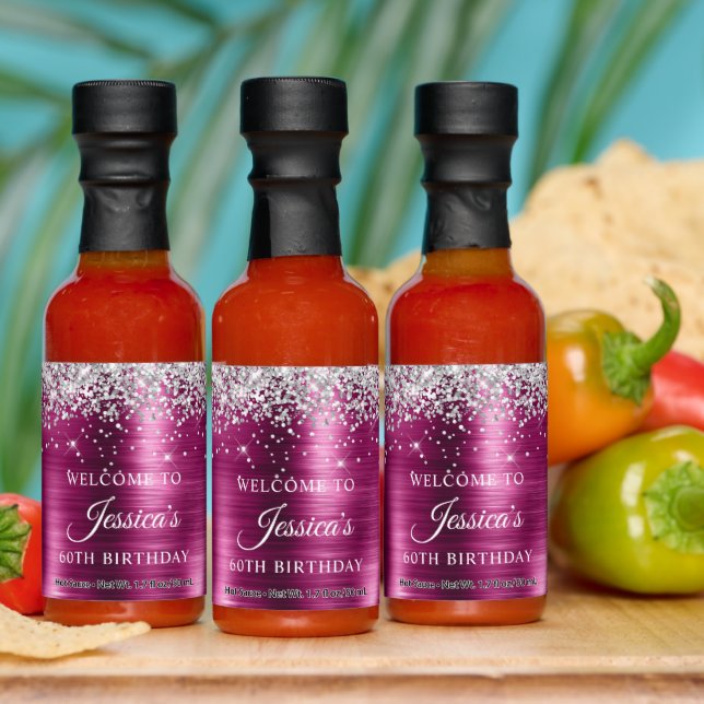Silver Glitter Wine Foil 60th Birthday Welcome Hot Sauces (Multi)