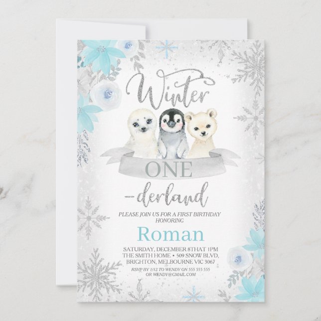 Silver Glitter Winter Animals Onederland Birthday Invitation (Front)