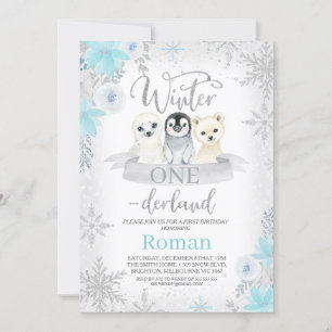 Silver Glitter Winter Animals Onederland Birthday Invitation