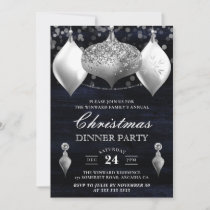 Silver Glitter Winter Baubles Christmas Dinner Invitation