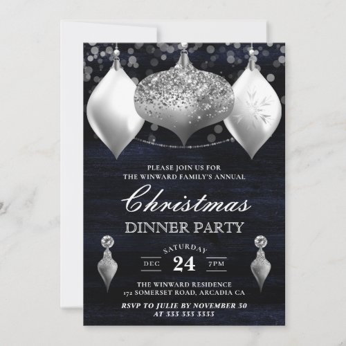 Silver Glitter Winter Baubles Christmas Dinner Invitation