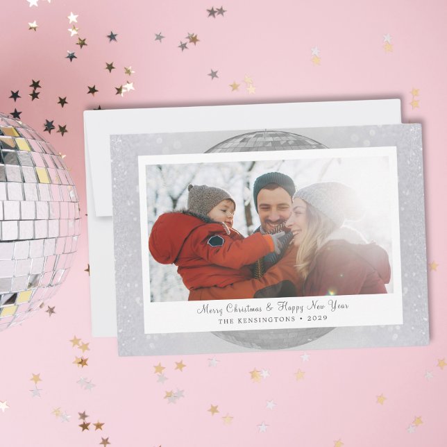 Silver Glitter Winter Family Holiday Card (Personalized Snowflake Disco Ball Christmas Card)