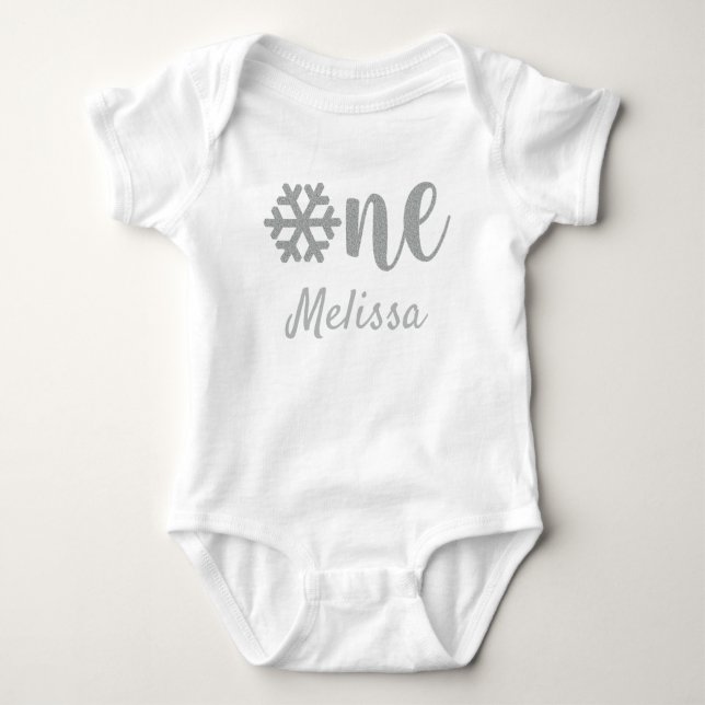 Silver Glitter Winter Snowflake First Birthday Baby Bodysuit (Front)