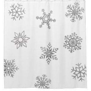 Silver Glitter Winter Snowflakes on White Shower Curtain