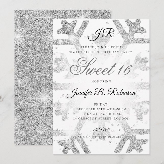 Silver Glitter Winter Sweet 16 Birthday Invitation (Front/Back)