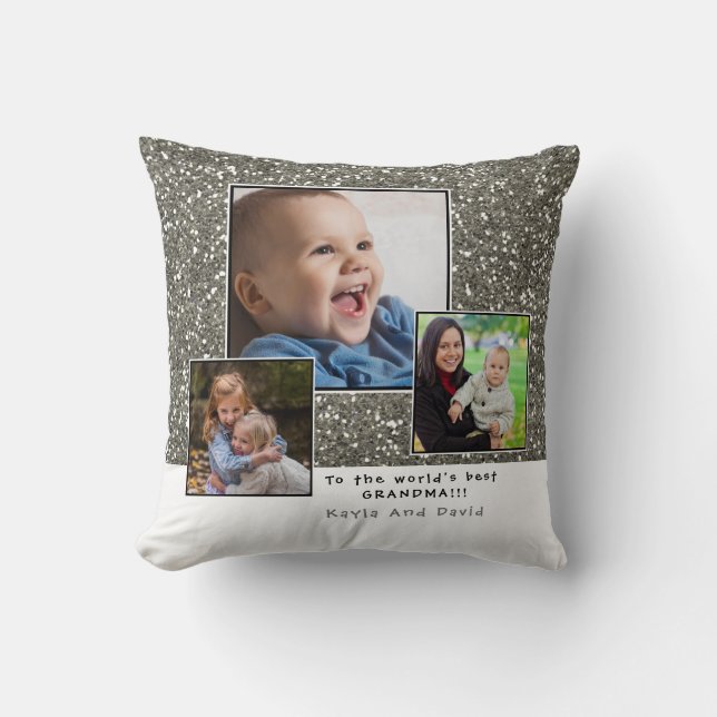 Silver Glitter Worlds Best Grandma Photo Collage Throw Pillow (Front)