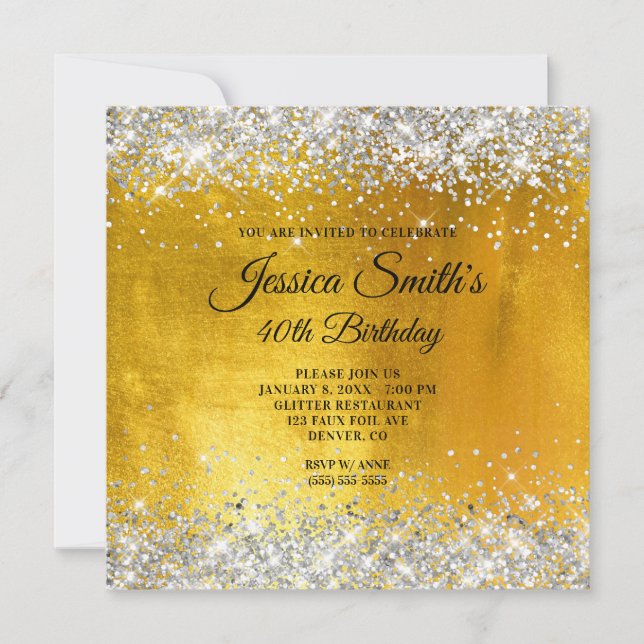 Silver Glitter Yellow Gold Foil 40th Birthday Invitation (Front)