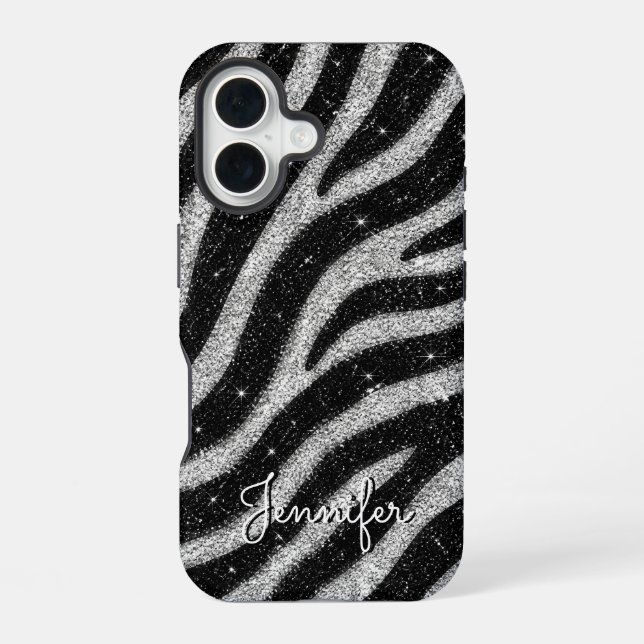 Silver Glitter Zebra Print Glam Personalized Name Iphone Case (Back)