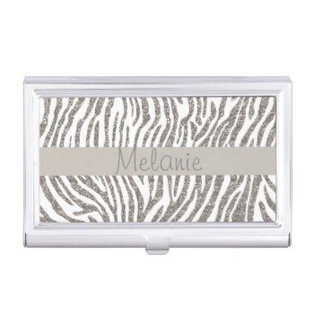 Silver Glitter Zebra Stripe Monogram Business Card Holder by ProfessionalDevelopm at Zazzle