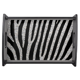 Silver glitter zebra stripes stylish serving tray