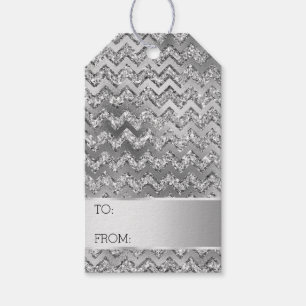 Silver Glitter Zigzag Stripes Christmas Gift Tags