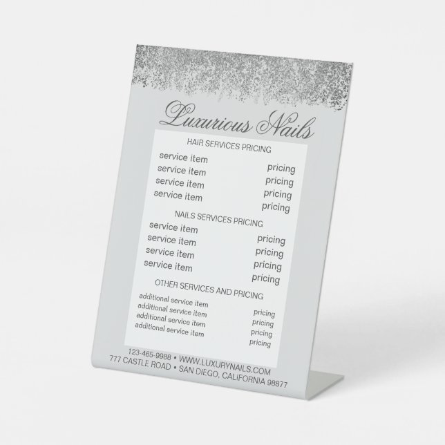Silver Glittered Nail Hair SPA Salon Menu Price Pedestal Sign (Front)