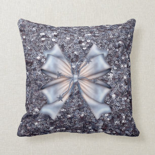 Silver Glitters and Bow Throw Pillow