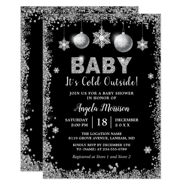 Silver Glitters Snowflakes Baby It's Cold Outside Invitation