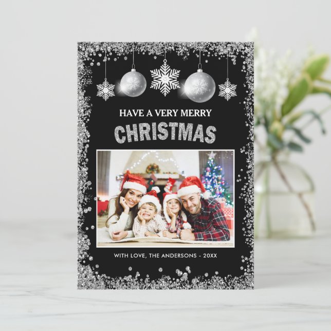 Silver Glitters Snowflakes Merry Christmas Photo Holiday Card (Standing Front)