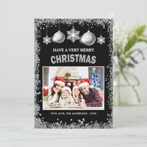 Silver Glitters Snowflakes Merry Christmas Photo Holiday Card