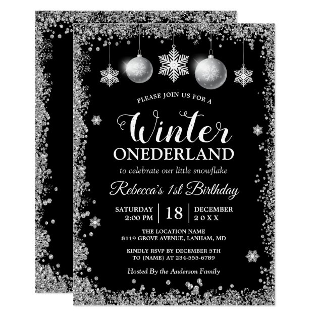 Silver Glitters Xmas ONEderland Birthday Party Invitation