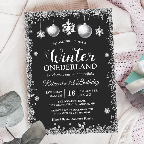 Silver Glitters Xmas ONEderland Birthday Party Invitation