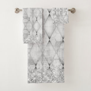 SIlver Glittery Abstract Harlequin Bath Towel Set