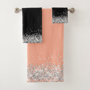 Silver Glittery Edging on Melon Pink and Black Bath Towel Set