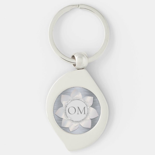 Silver Glittery Elegant Lotus OM  Keychain (Front)