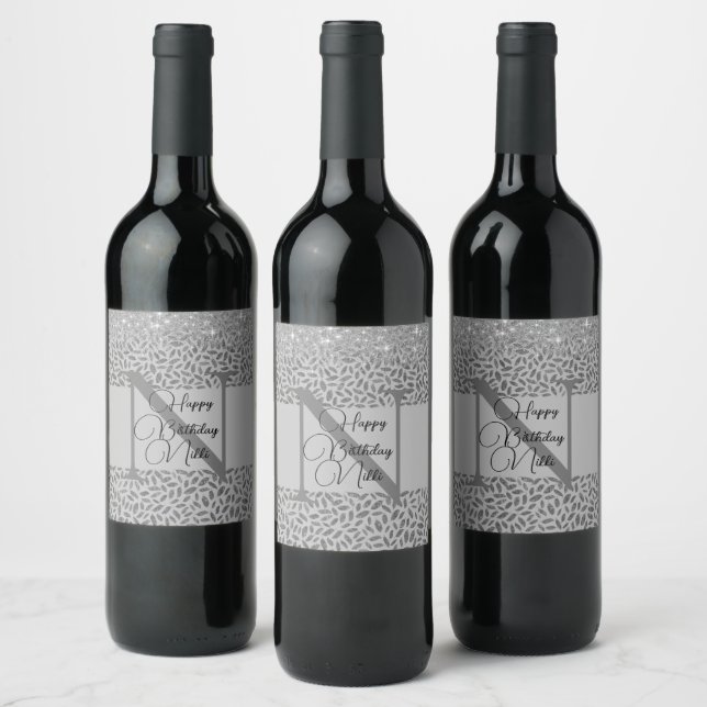 Silver Glittery Feathers Monogram Birthday    Wine Label (Bottles)