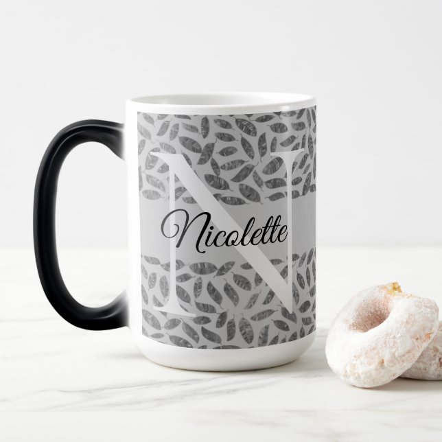 Silver Glittery Feathers Monogram Personalize      Color Morph Mug (With Donut)