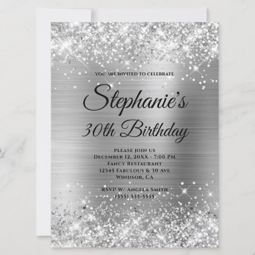 Silver Glittery Foil Fancy Monogram 30th Birthday Invitation